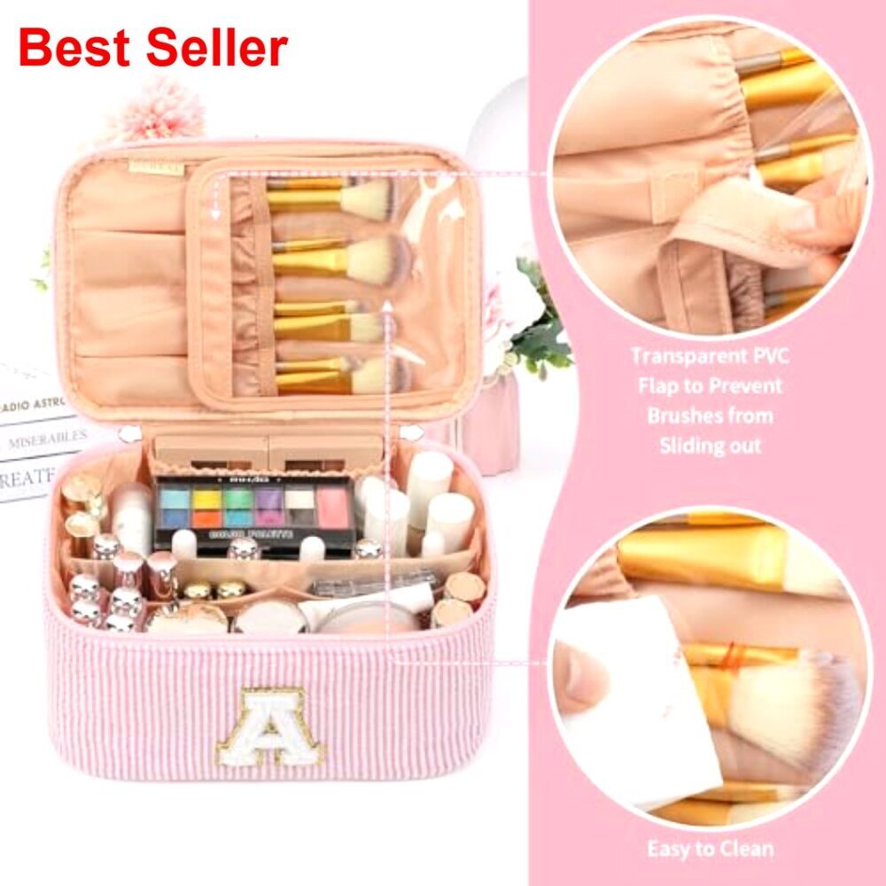 Personalized Monogram Makeup Bag with Brush Holder Travel Cosmetic Organizer - Picture 2 of 6